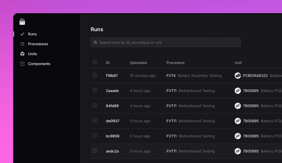 Runs Page with all Unit Under Testing (UUT) and their uploaded date.