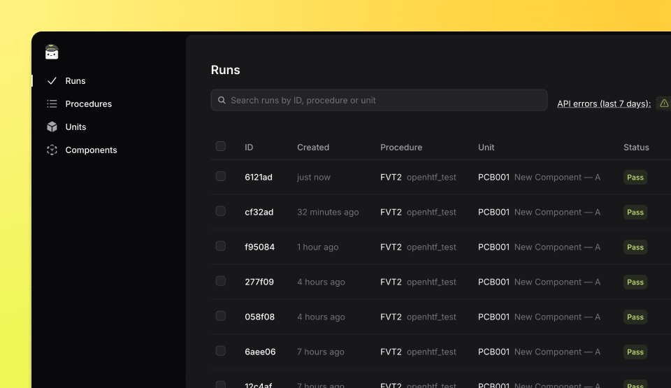 Run page showing the different steps performed for a Unit Under Test (UUT) in OpenHTF with TofuPilot.