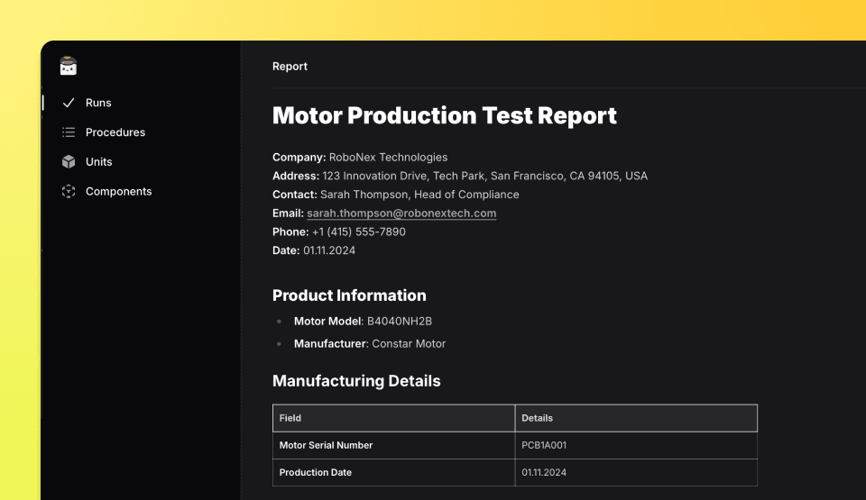 Report on Run page generated from Procedure